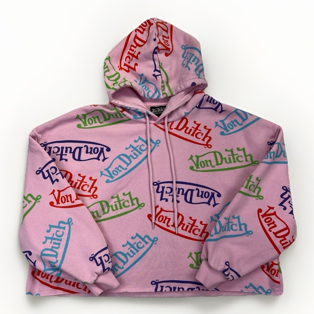 Von Dutch Pink All Over Logo Hoodie Sweatshirt Cropped Y2K Streetwear Womens S - Picture 2 of 9